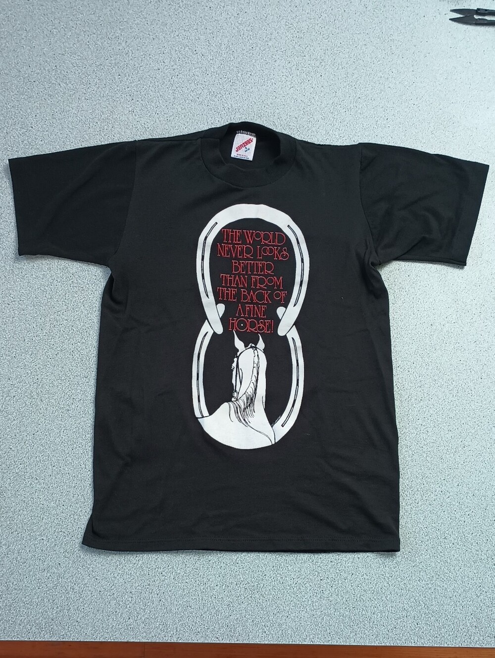 Jerzees Black Short Sleeve Tee with White & Red Horse Graphic Small